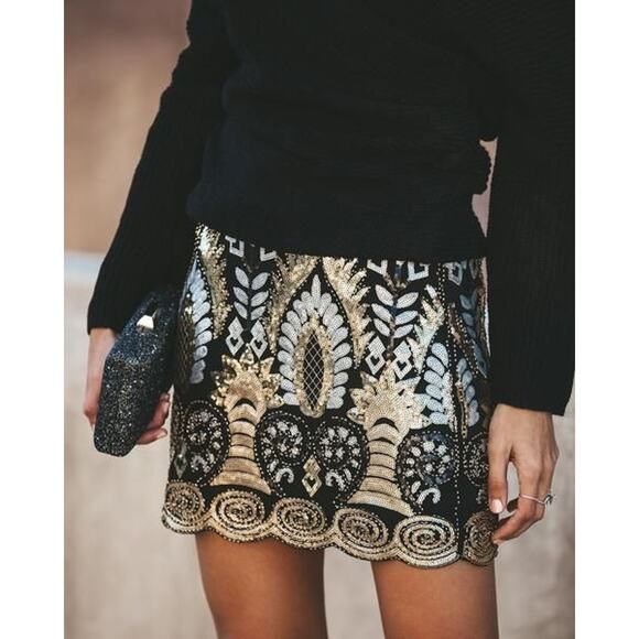 Main Strip Dresses & Skirts - Main Strip Sequin Mini Skirt Gold Black Art Deco Party Glam Festival